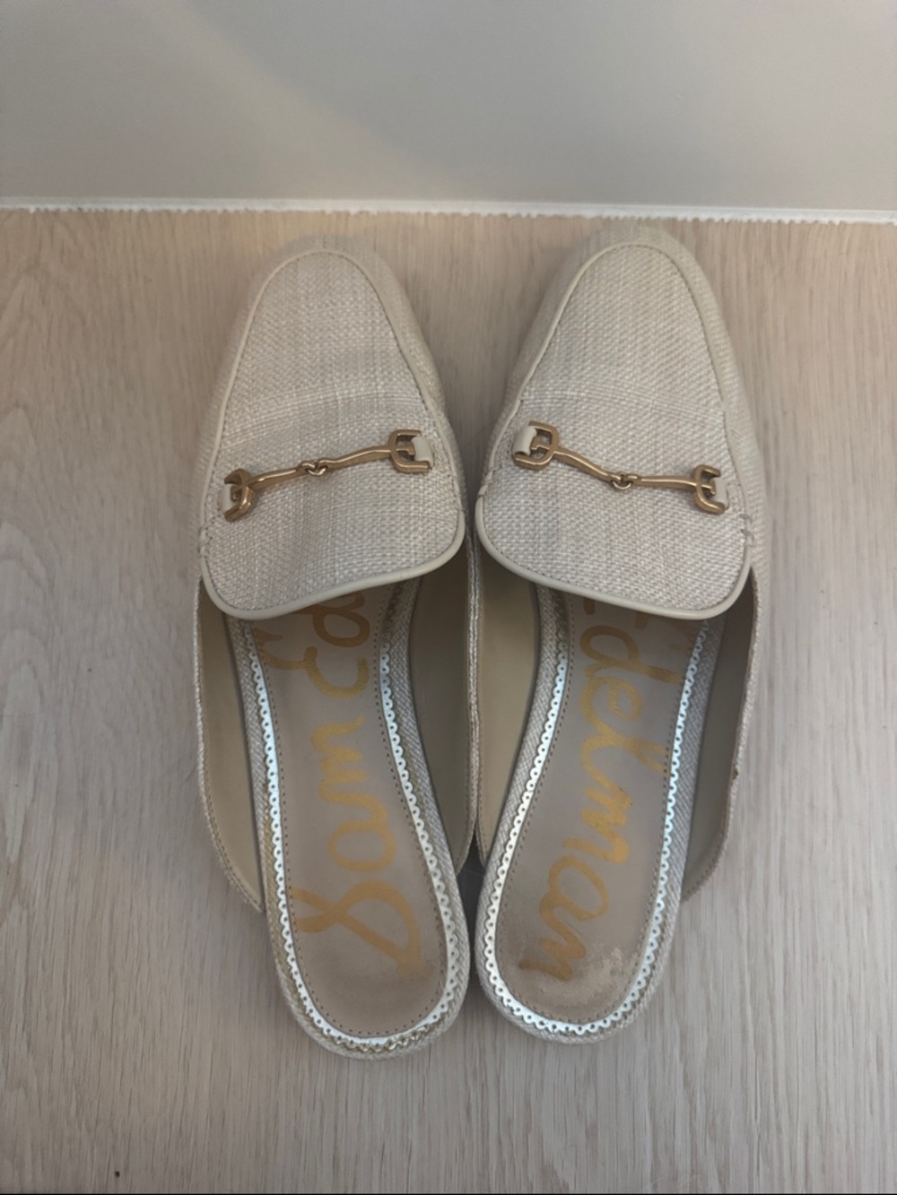 Sam Edelman Beige Raffia Slip-On Mules with Gold Bit